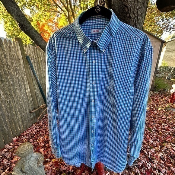 Izod Men’s Long Sleeve Classic Fit Stretch Casual Shirt (Navy & Teal Check) - Picture 3 of 6
